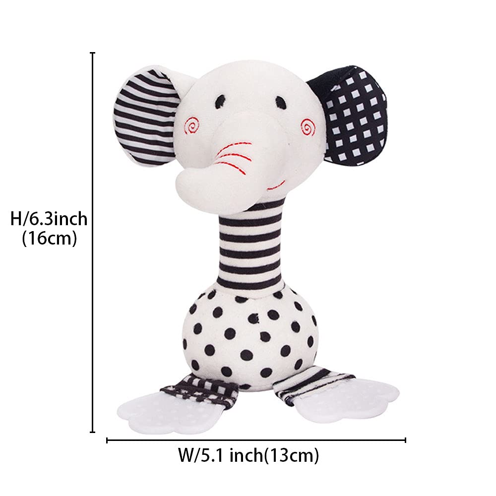 D-KINGCHY Baby Toy Elephant – Black & White Plush Rattle with Teether and Hand-Grip (0-12 Months)