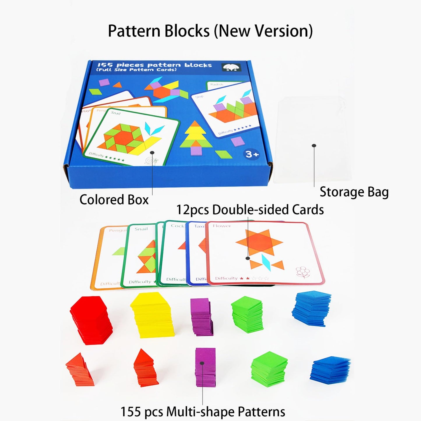 D-KINGCHY 155 Pcs Wooden Pattern Blocks – Geometric Shape Pattern Set for Kids 4–8