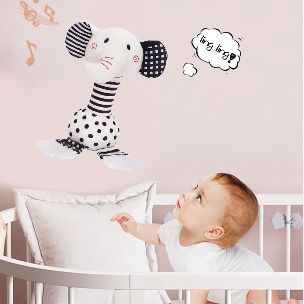 D-KINGCHY Baby Toy Elephant – Black & White Plush Rattle with Teether and Hand-Grip (0-12 Months)