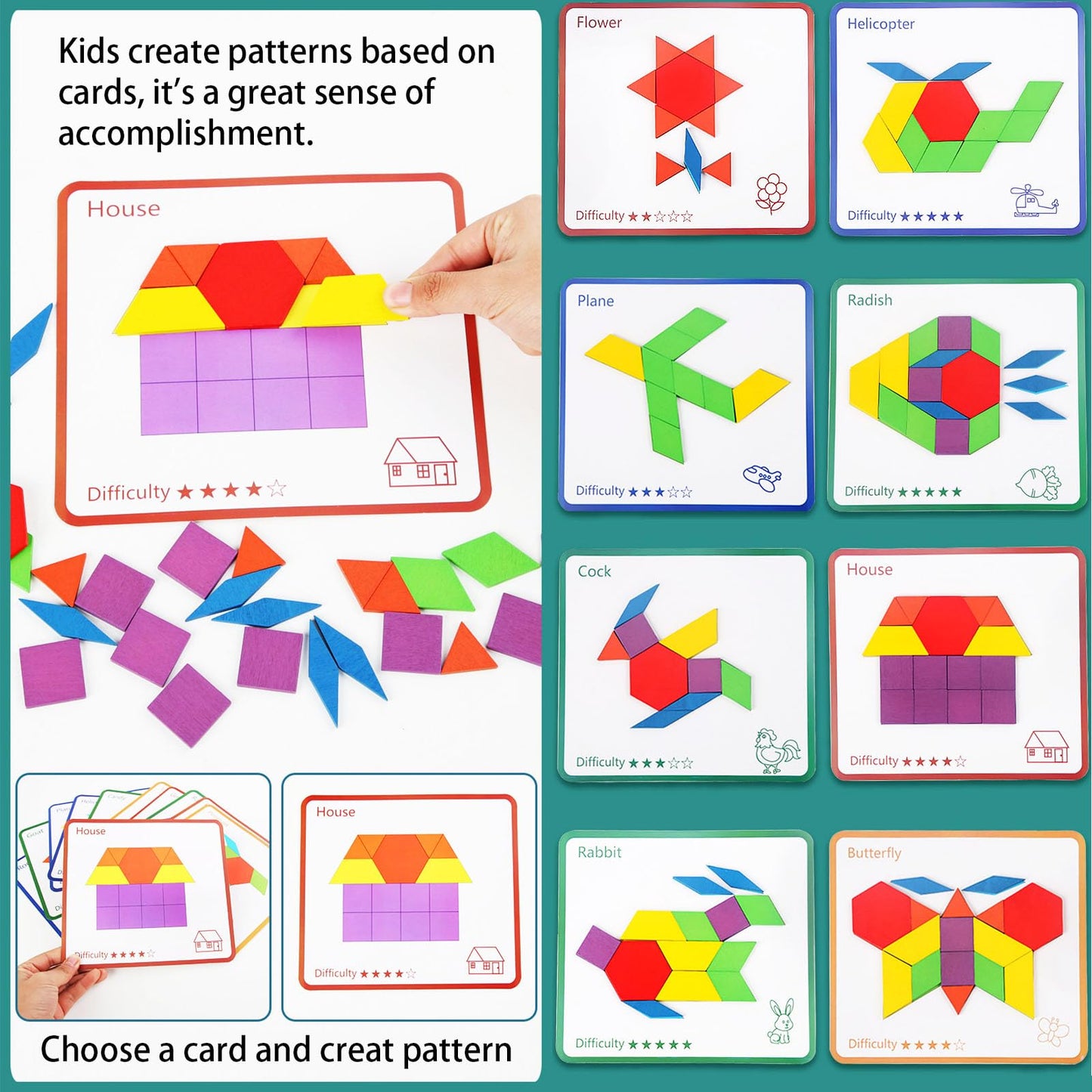 D-KINGCHY 155 Pcs Wooden Pattern Blocks – Geometric Shape Pattern Set for Kids 4–8