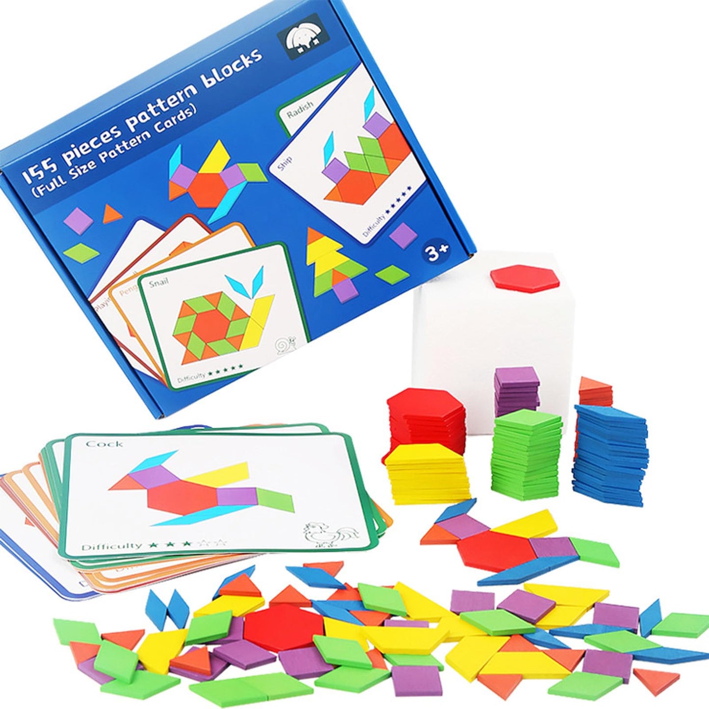 D-KINGCHY 155 Pcs Wooden Pattern Blocks – Geometric Shape Pattern Set for Kids 4–8