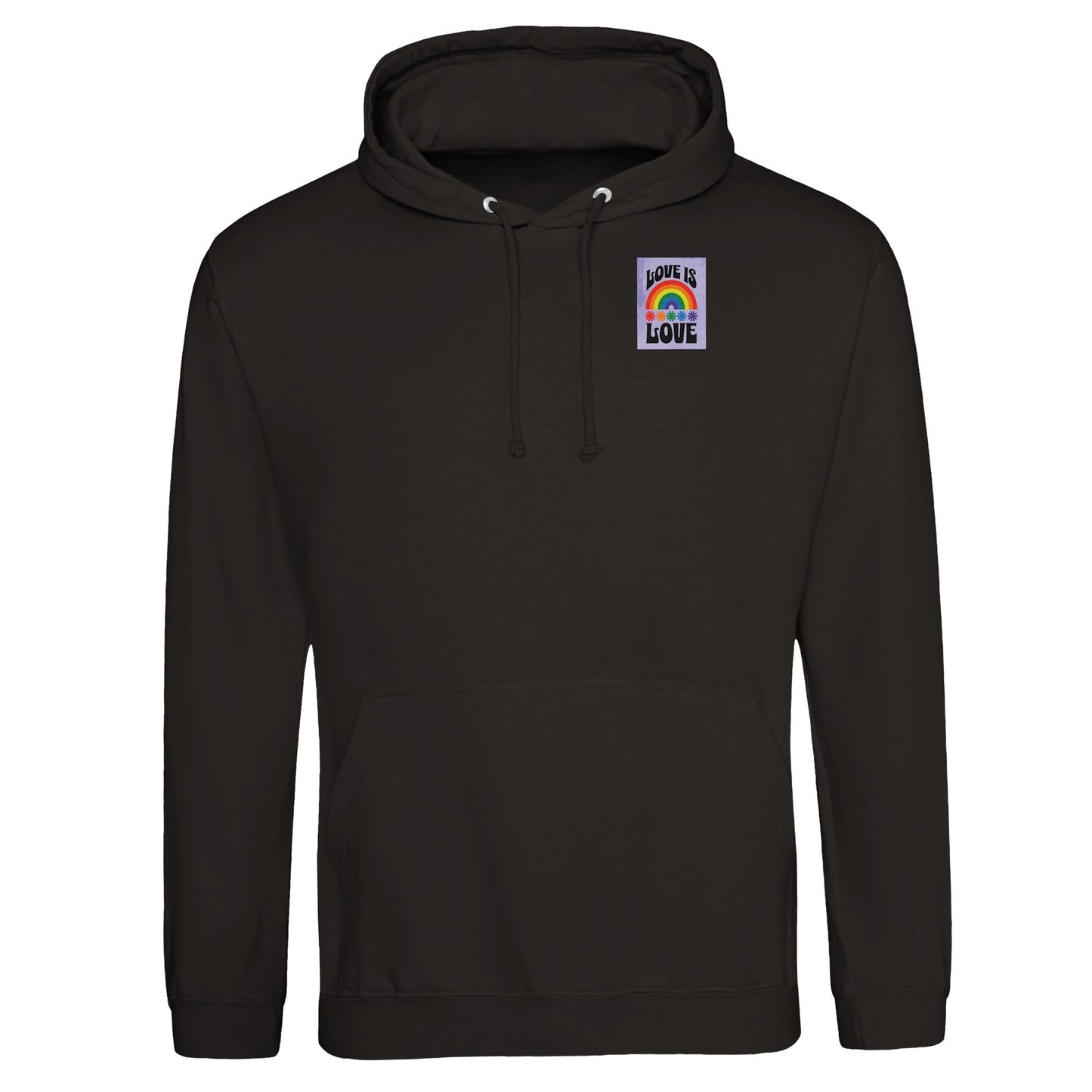Love Is Love Hoodie – Retro LGBTQ+ Pride Pullover | JustHoods JH001 Premium Unisex Sweatshirt with Rainbow Pocket Print