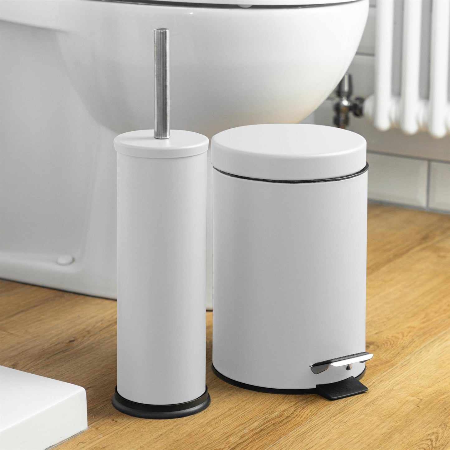 Matt White Round Stainless Steel Toilet Brush & Bin Set