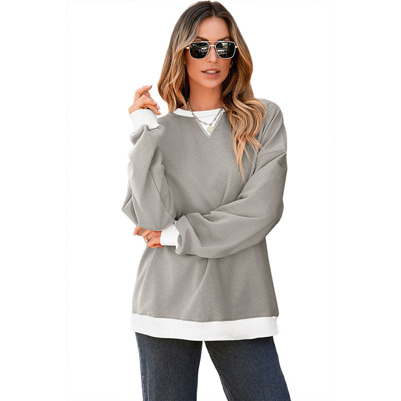 Color Contrast Patchwork Round Neck Pullover Long Sleeve Sweater Women