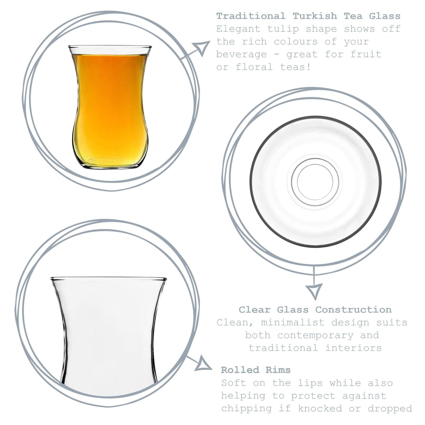 115ml Klasik Embossed Glass Turkish Tea Cups & Saucers - 6 Sets