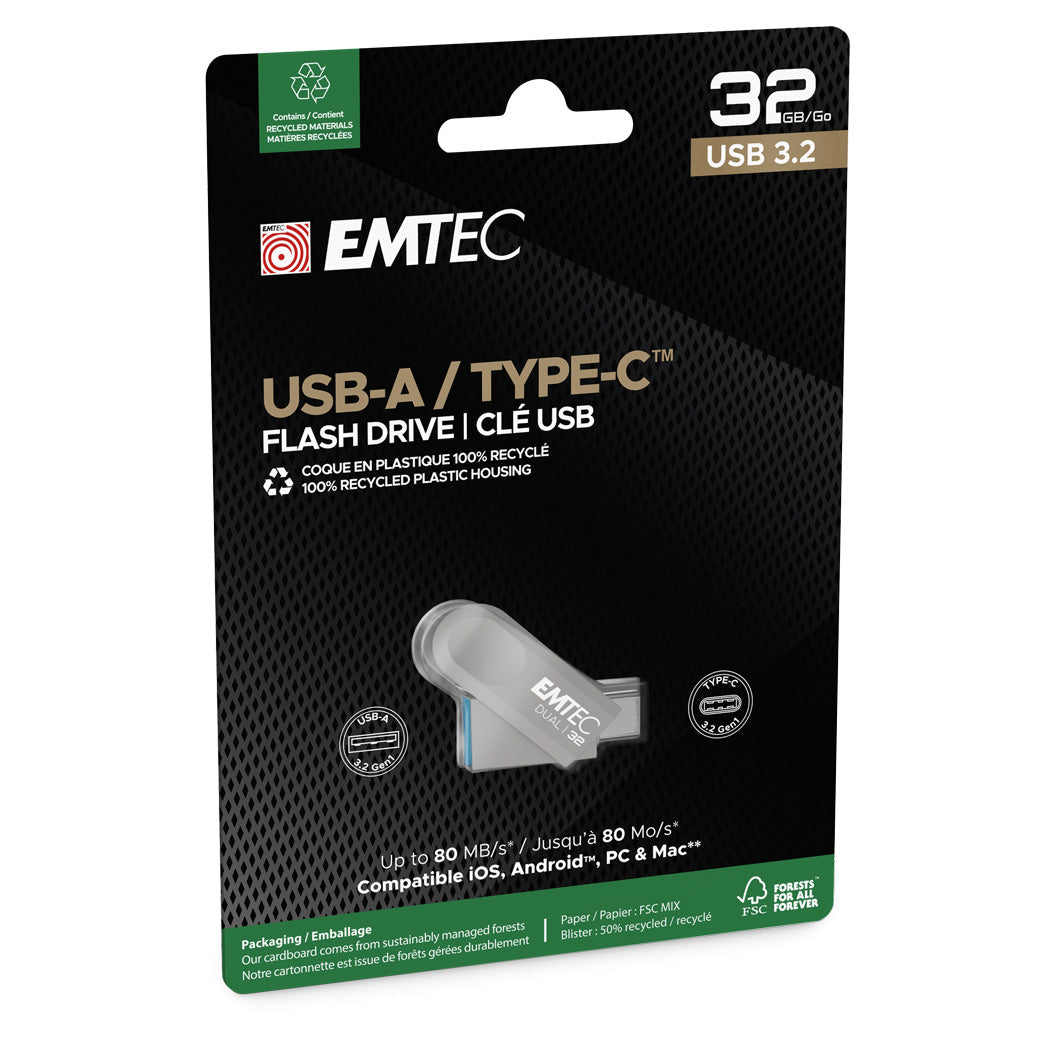 EMTEC 32GB Dual USB-A 3.2 / USB-C D280 Flash Drive