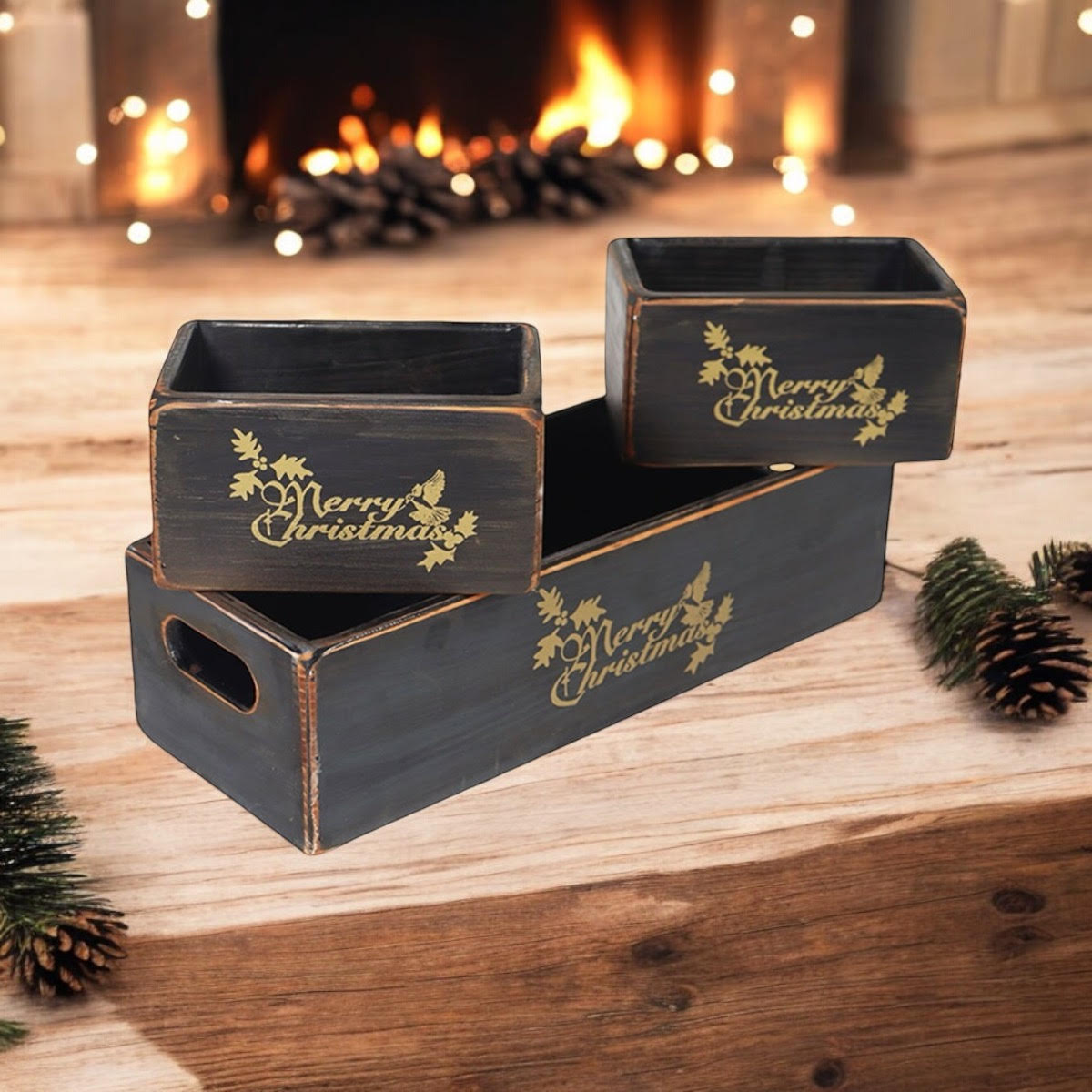 34/15/15CM SET 3 BL;ACK WOODEN BOXES
