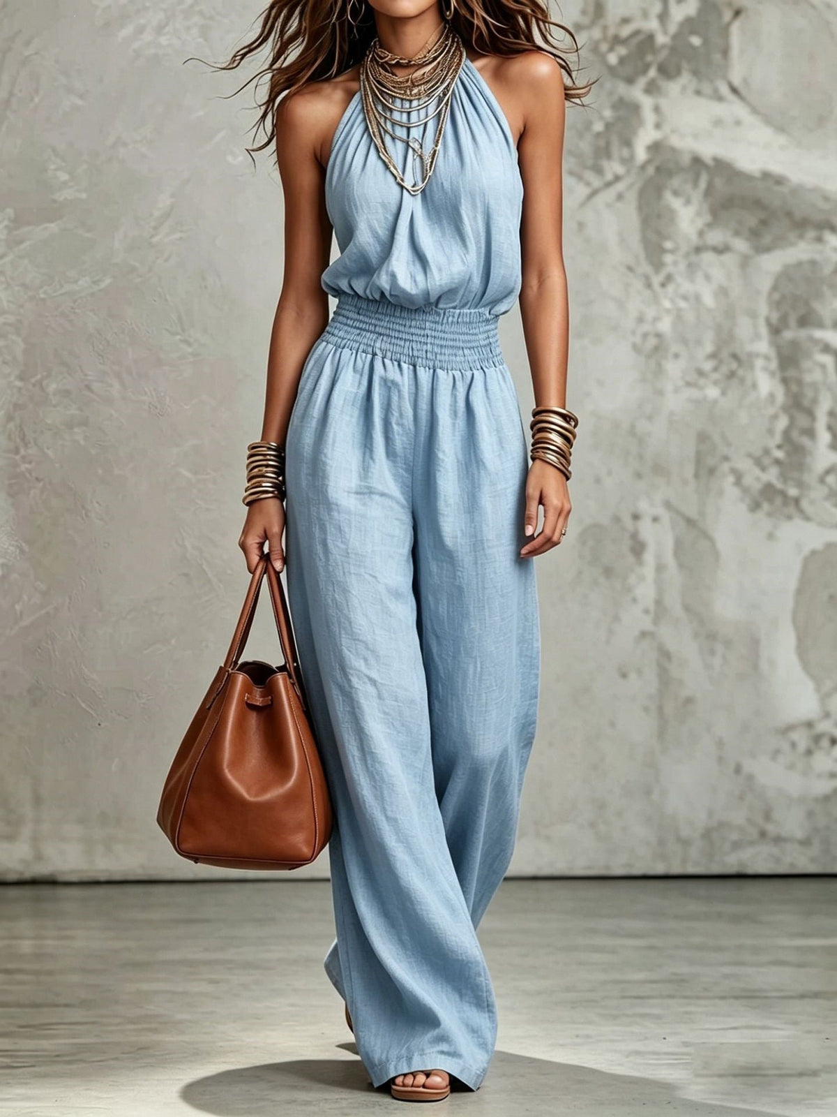 Womens Sleeveless Jumpsuit Backless Lace-up Halter Overall Pants Wide-leg Straight Onesie Trousers