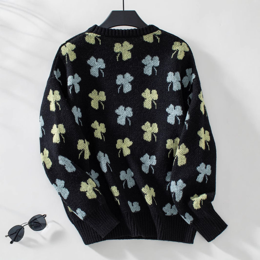 Women's Clover Jacquard Pullover Sweater - Textured Knit Round Neck