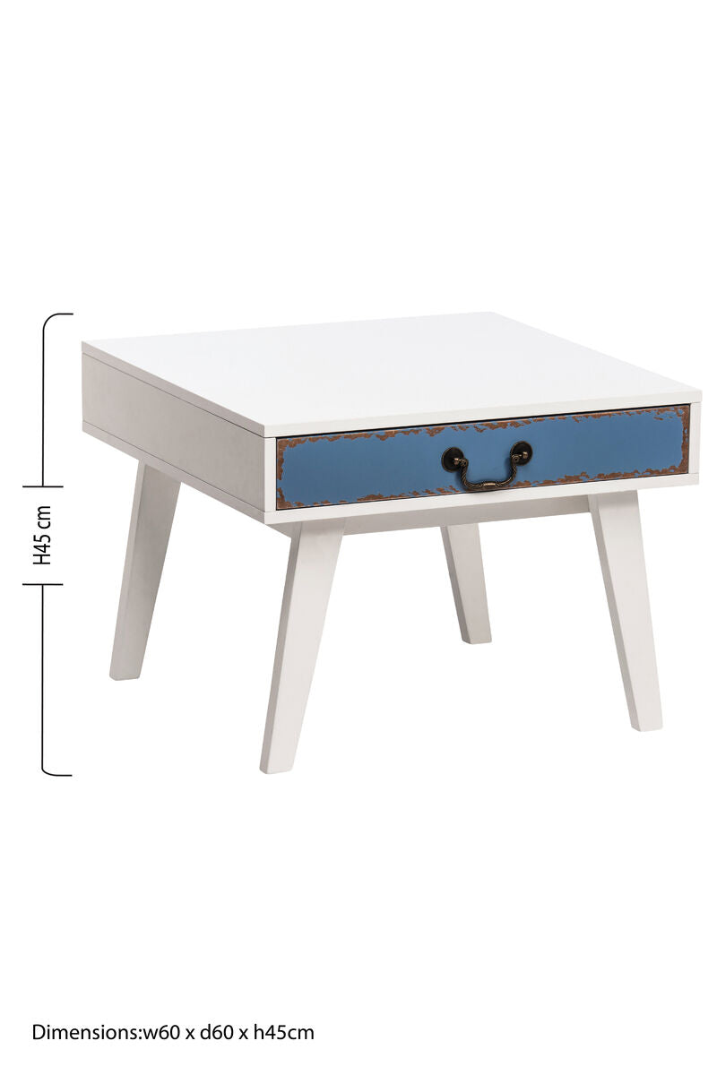 White and Blue Distressed Single Drawer Wooden Side Table with Metal Handle, Alchemy