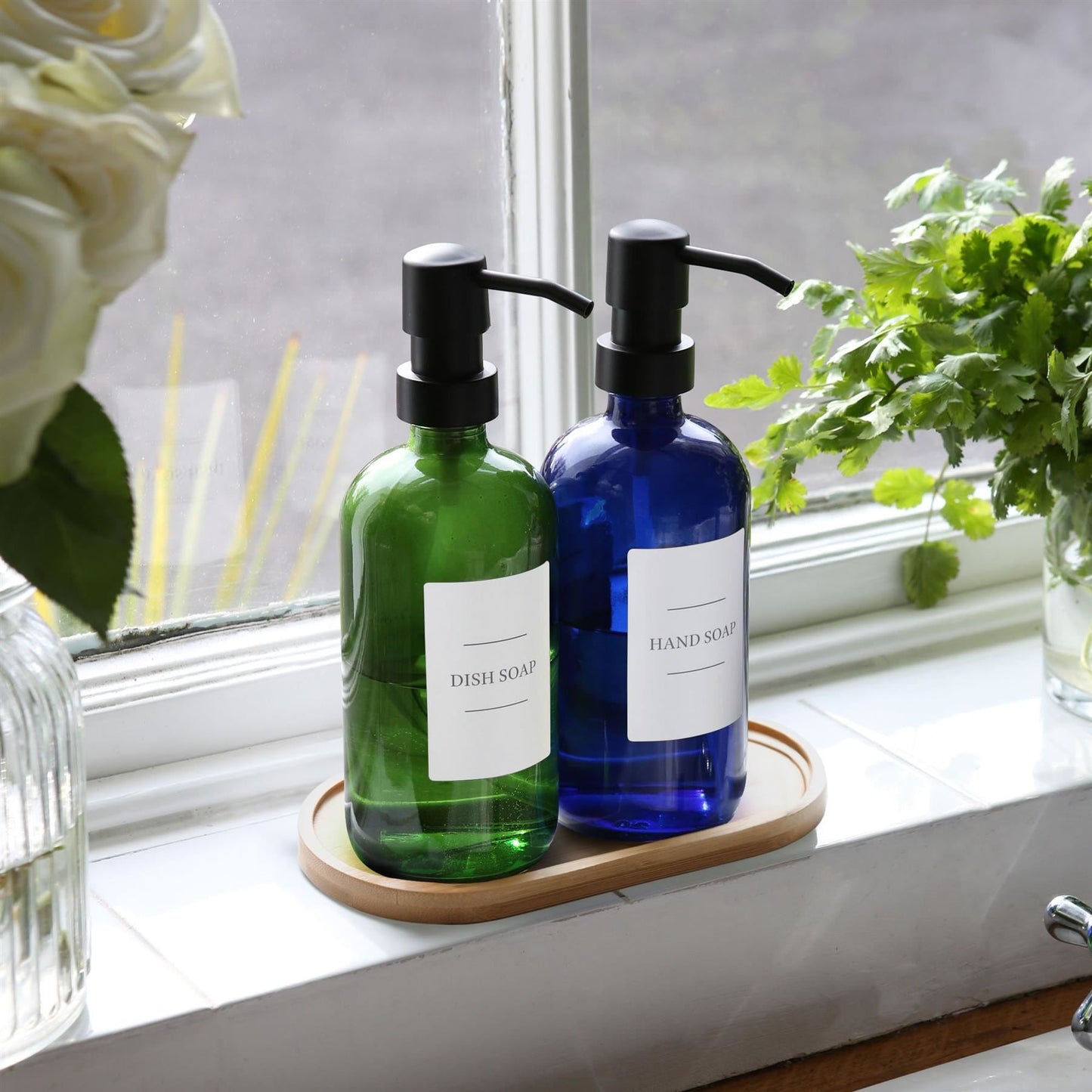 2pc 500ml Blue Glass Soap Dispenser with White Labels & Bamboo Tray