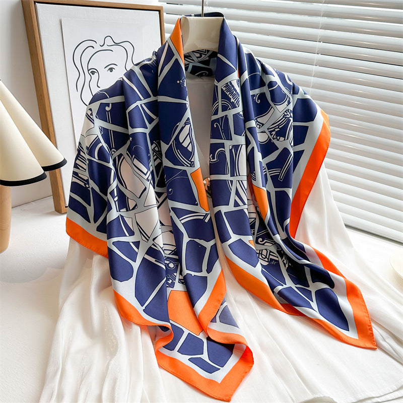 Women's Premium Twill Silk Scarf, Large Printed 90/90cm Striped Square Scarf