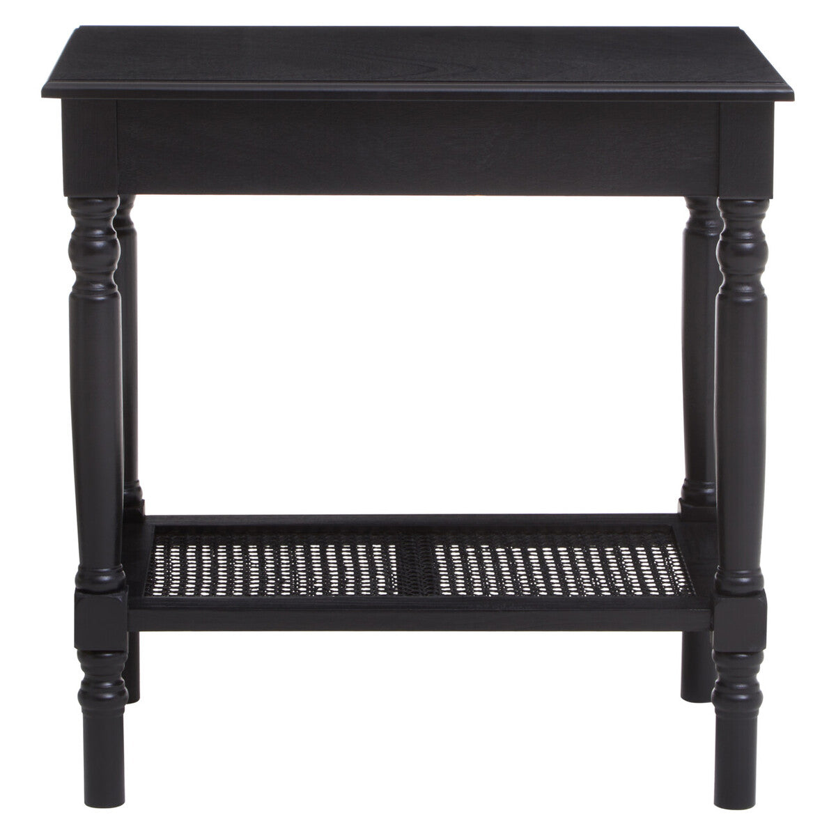 Heritage Black Wooden Side Table with Rattan Shelf