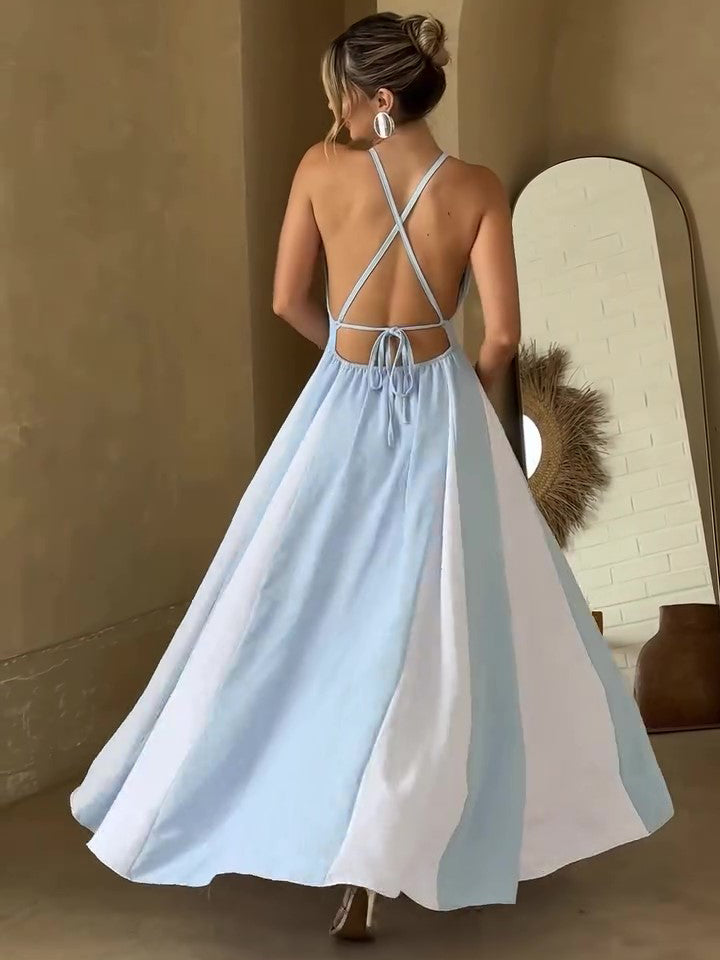 Contrast Color Patchwork Backless Swing Dress