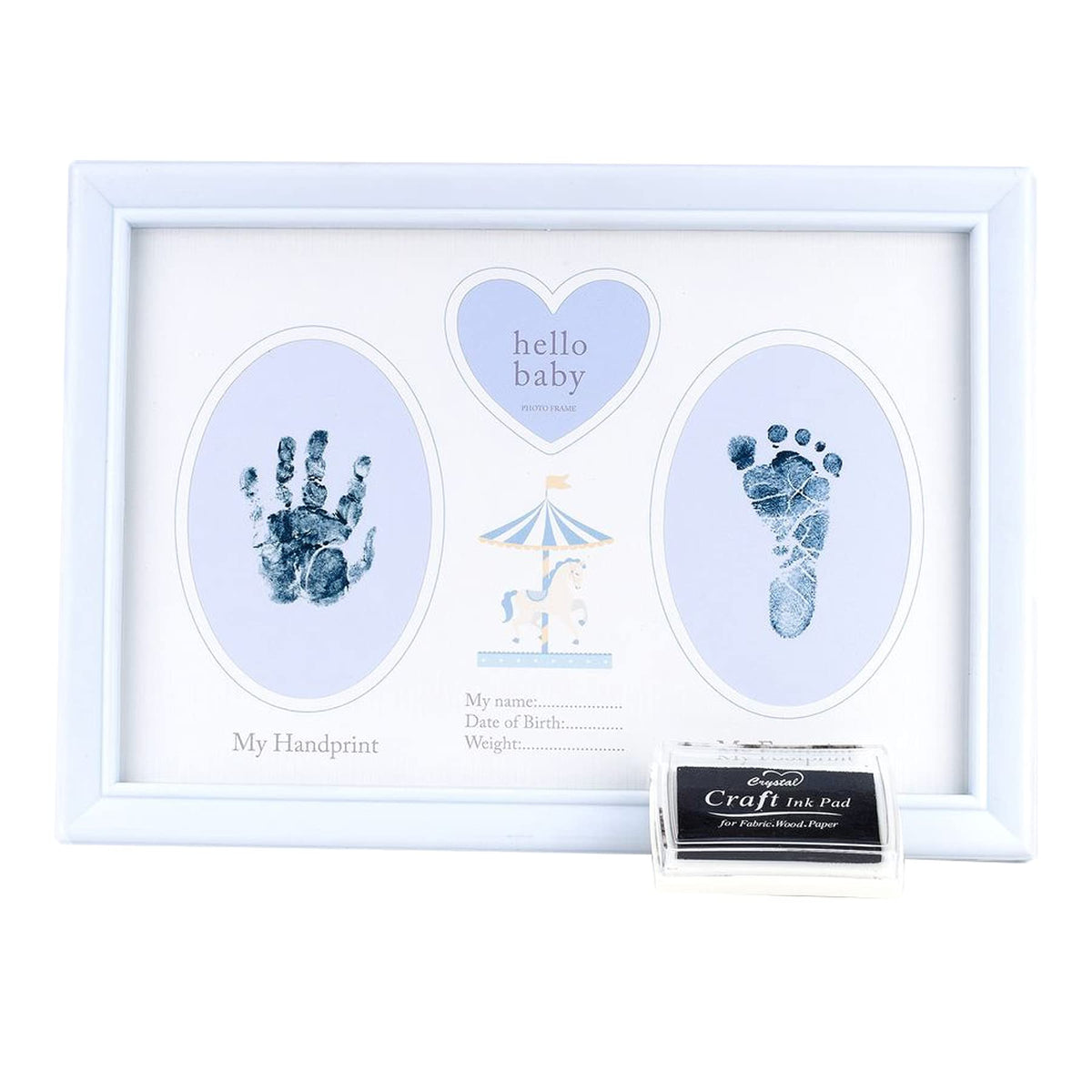 Baby Hand/Footprint Photo Frame Keepsake with Ink Pad - Blue Carousel