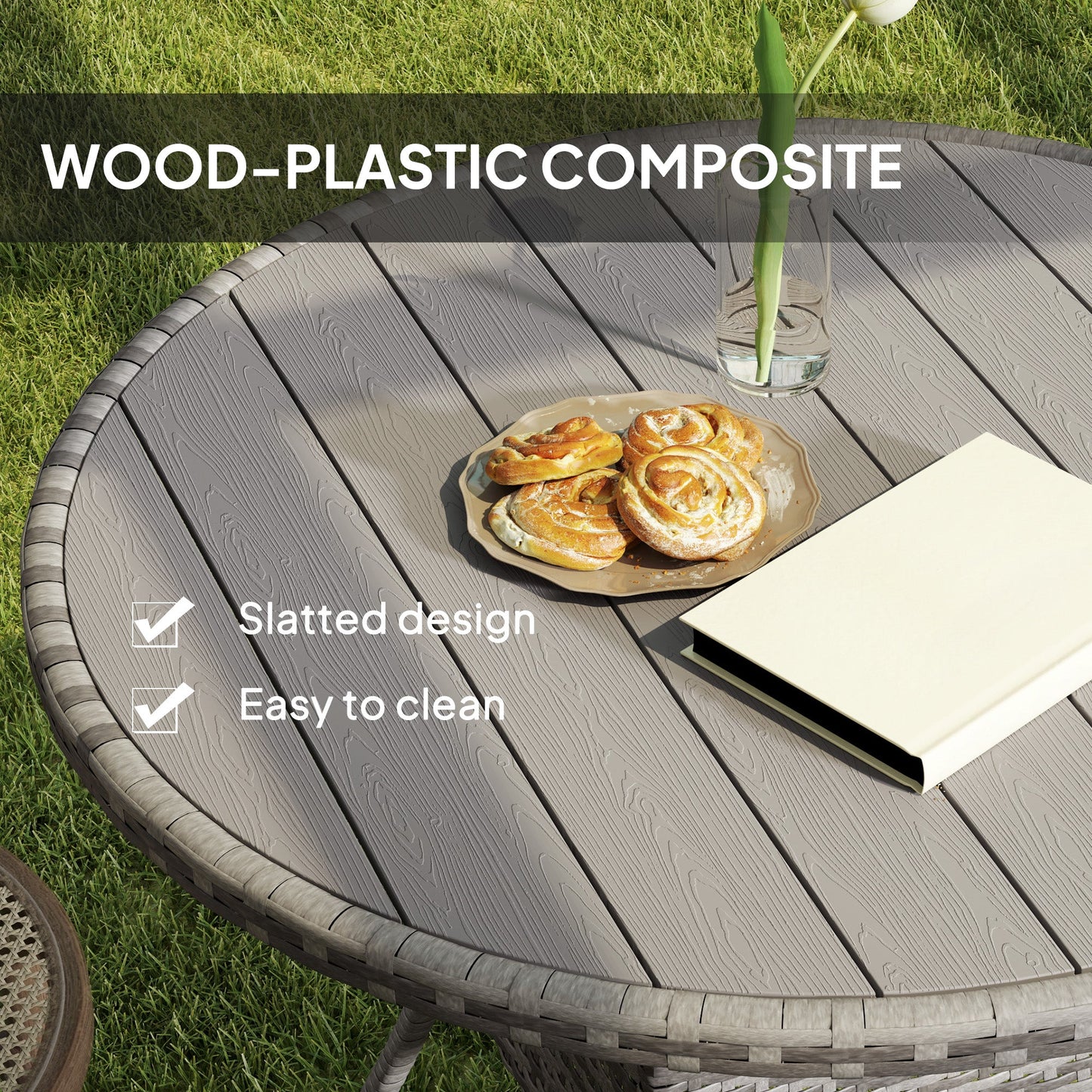 Outsunny Outdoor PE Rattan Dining Table w/ Wood-plastic Composite Top, Grey