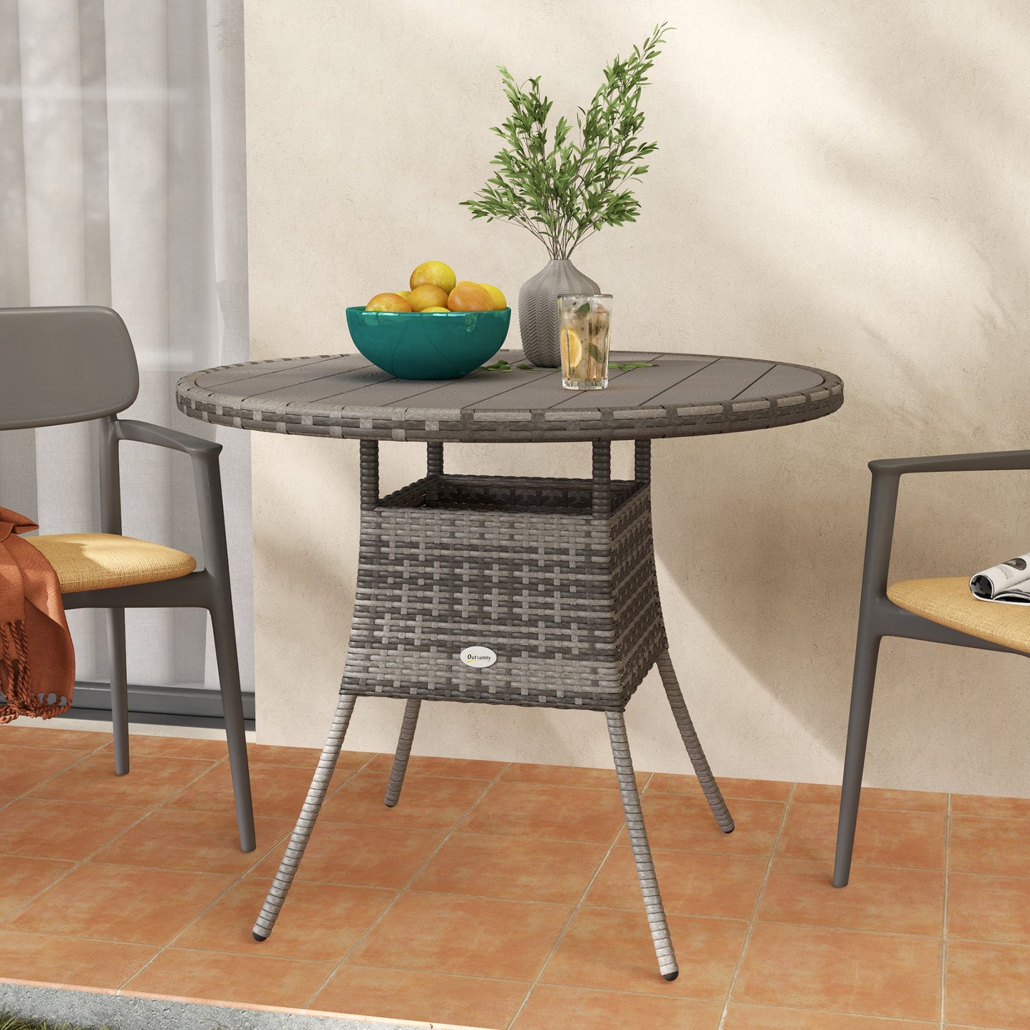 Outsunny Outdoor PE Rattan Dining Table w/ Wood-plastic Composite Top, Grey