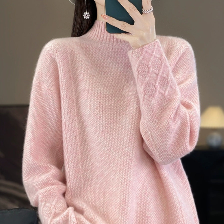 Retro Jacquard Knitted HalfHigh Neck Base Sweater Loose Effortless Base Top