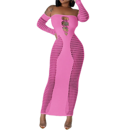 Solid Color Off-neck Sleeve Hollow Sexy Slim Fit One-piece Knitted Sheath Dress