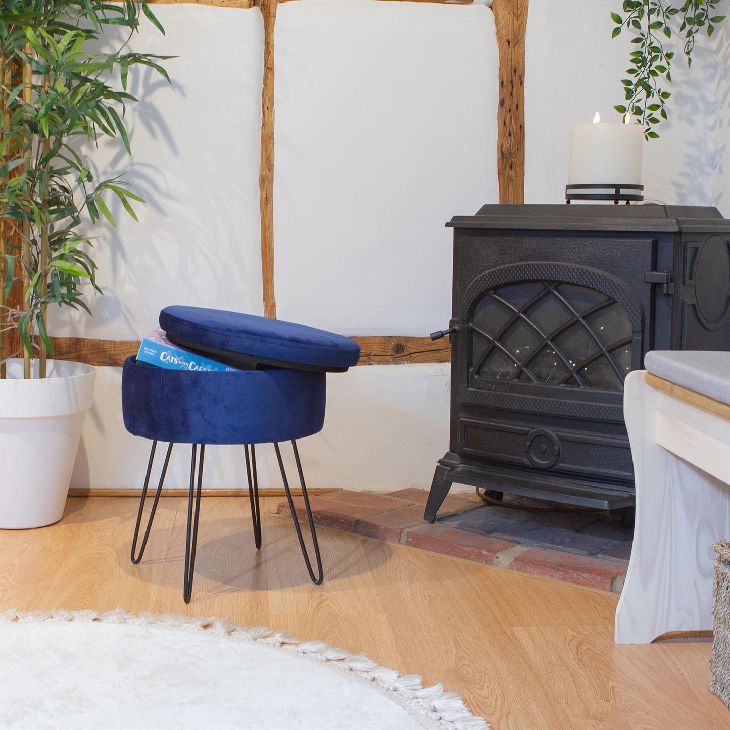 Blue Round Velvet Storage Footstool