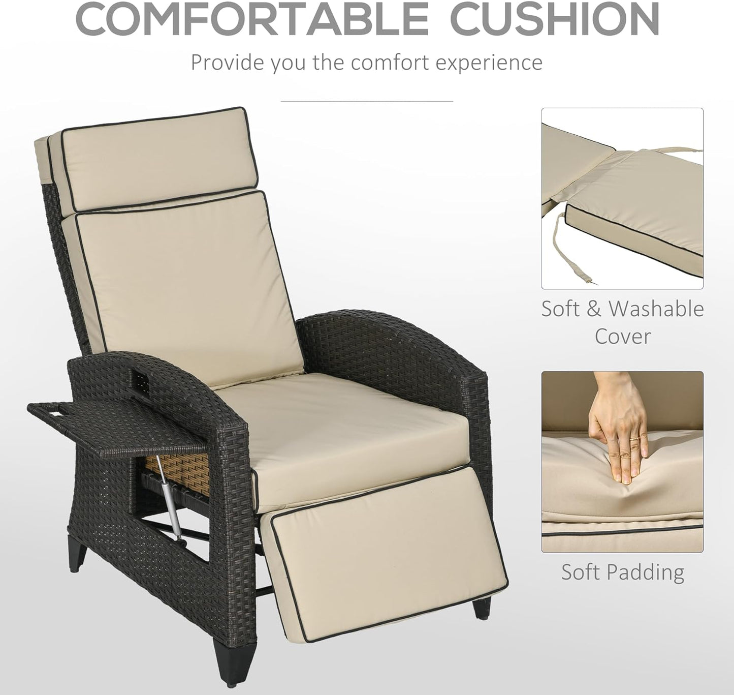 Outsunny Outdoor Recliner Chair with Cushion Rattan Reclining Lounge Chair