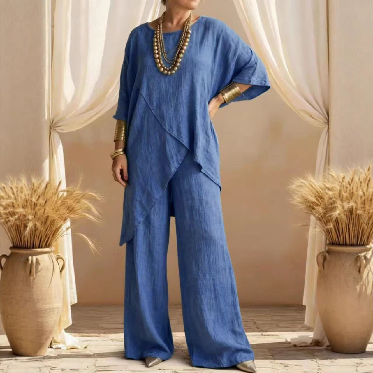 Womens Cotton-linen Crew-neck Loose Casual Two-pieces Set