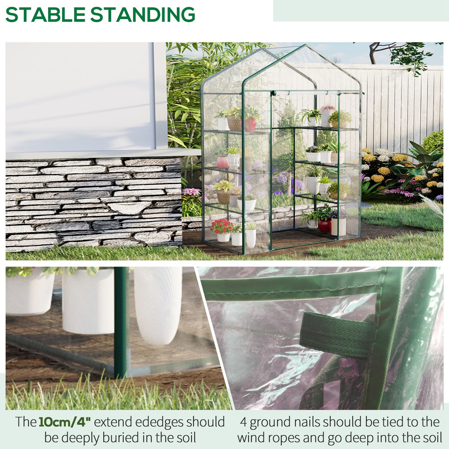 4 Tiers 8 Shelves Metal Frame Walk in Portable Greenhouse 143Lx73Wx195Hcm