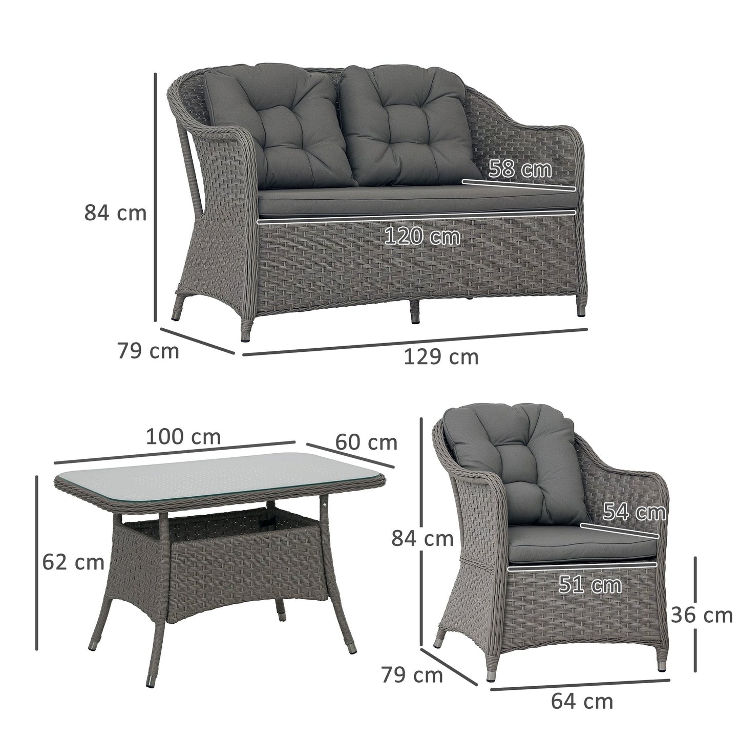Outsunny 4 PCS Rattan Garden Furniture, Padded Cushions Conversation Sofa Set