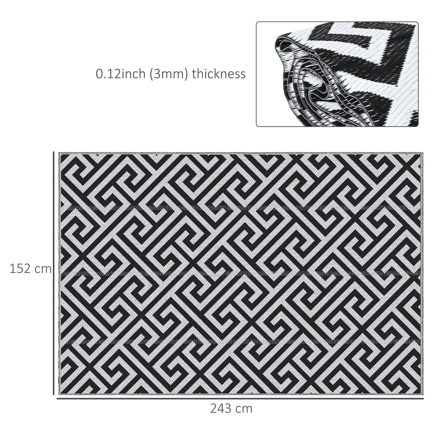 Outsunny 121 x 182 cm (4x6ft) Outdoor Rug Reversible Mat Plastic Straw Rug Portable RV Camping Mat for Garden Deck Picnic Indoor, Black & White