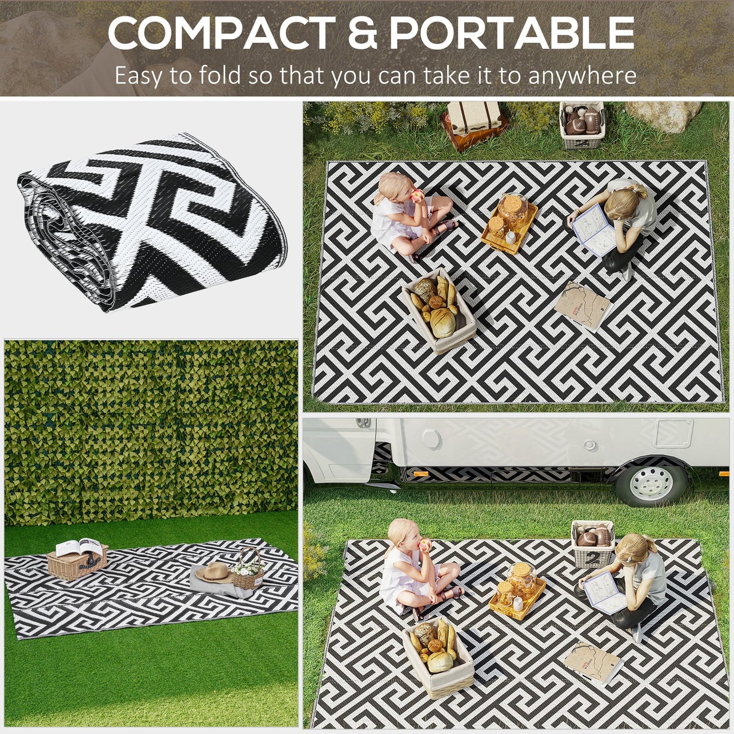 Outsunny 121 x 182 cm (4x6ft) Outdoor Rug Reversible Mat Plastic Straw Rug Portable RV Camping Mat for Garden Deck Picnic Indoor, Black & White