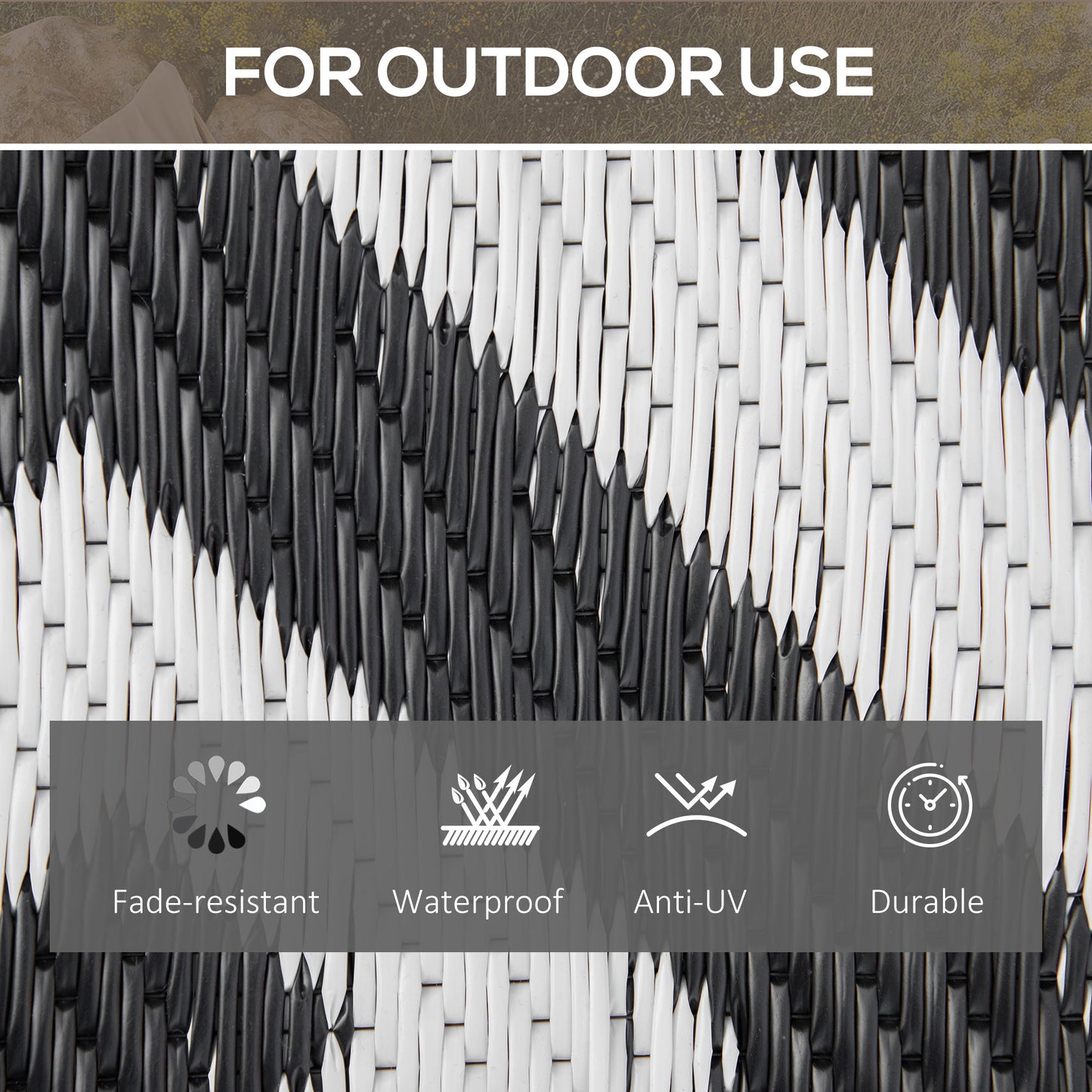 Outsunny 121 x 182 cm (4x6ft) Outdoor Rug Reversible Mat Plastic Straw Rug Portable RV Camping Mat for Garden Deck Picnic Indoor, Black & White