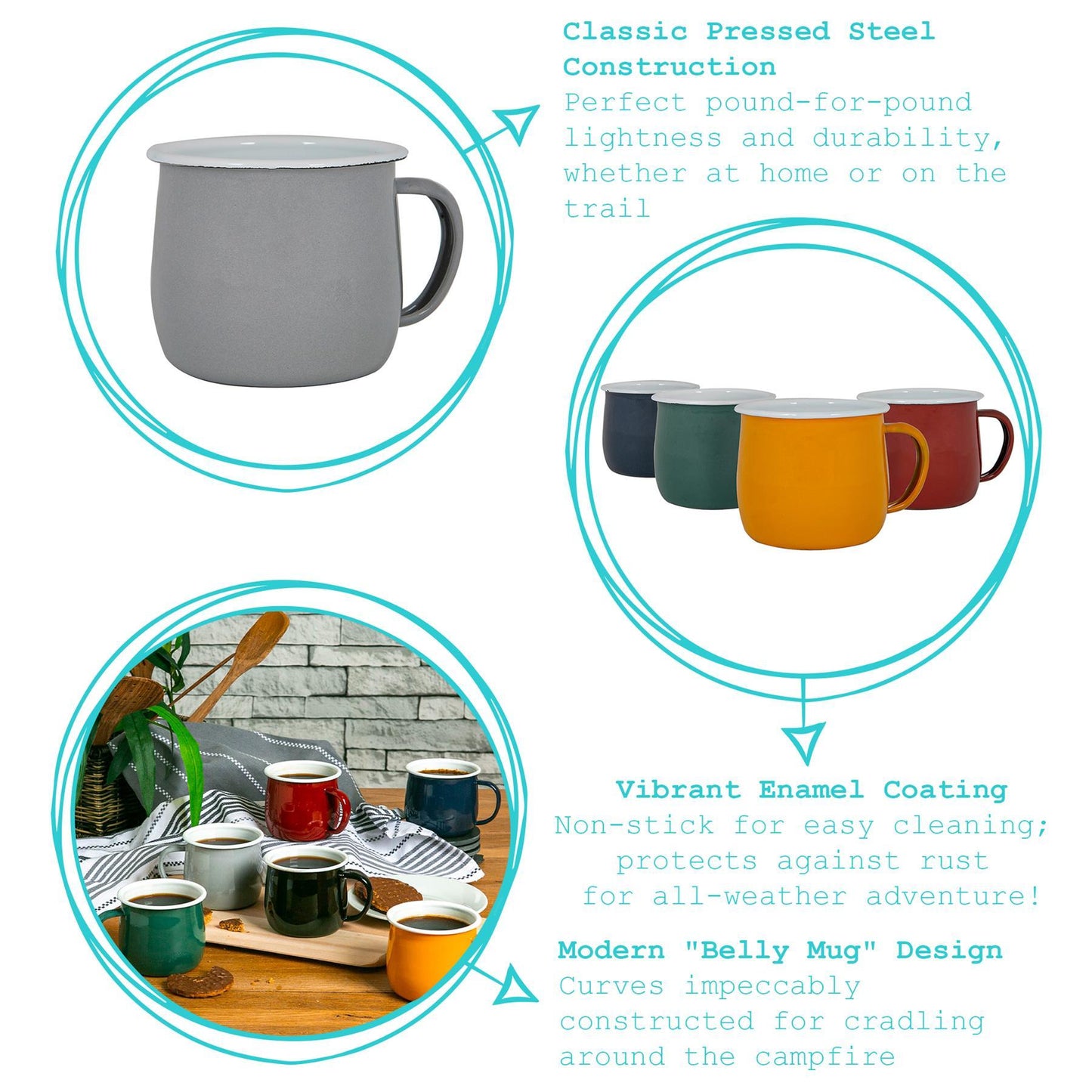 375ml Coloured Enamel Belly Mugs - 4 Colours