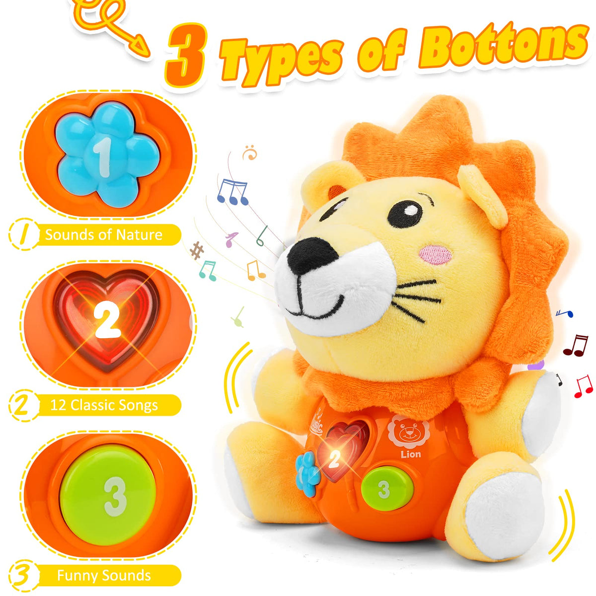 Daboot Musical Lion Plush Toy for Babies 6-12 Months | Soothing Sound & Lights
