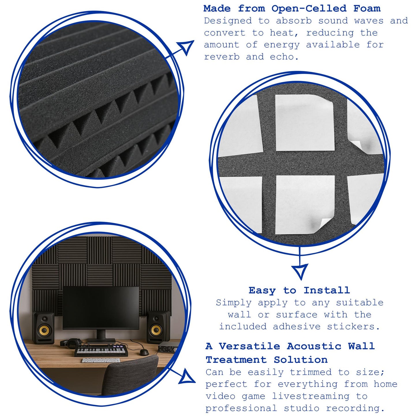 Square Foam Acoustic Panels - 2.5 x 30 x 30cm - Black - Pack of 12