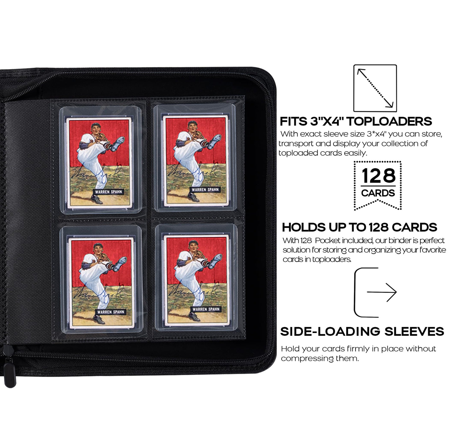 Top Loader Binder by D DACCKIT — 128 Cards, 4-Pocket 3x4 Card Holders, Classic Black