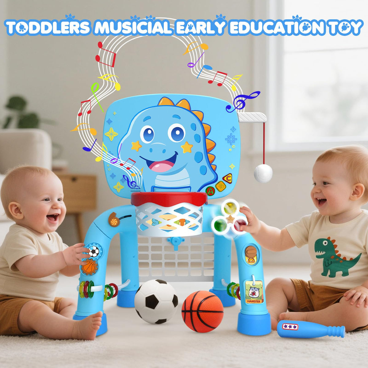 DADAPALS 3-in-1 Toddler Sports Center – Basketball, Soccer & Baseball for 12-18 Months (Baby Blue Dinosaur)