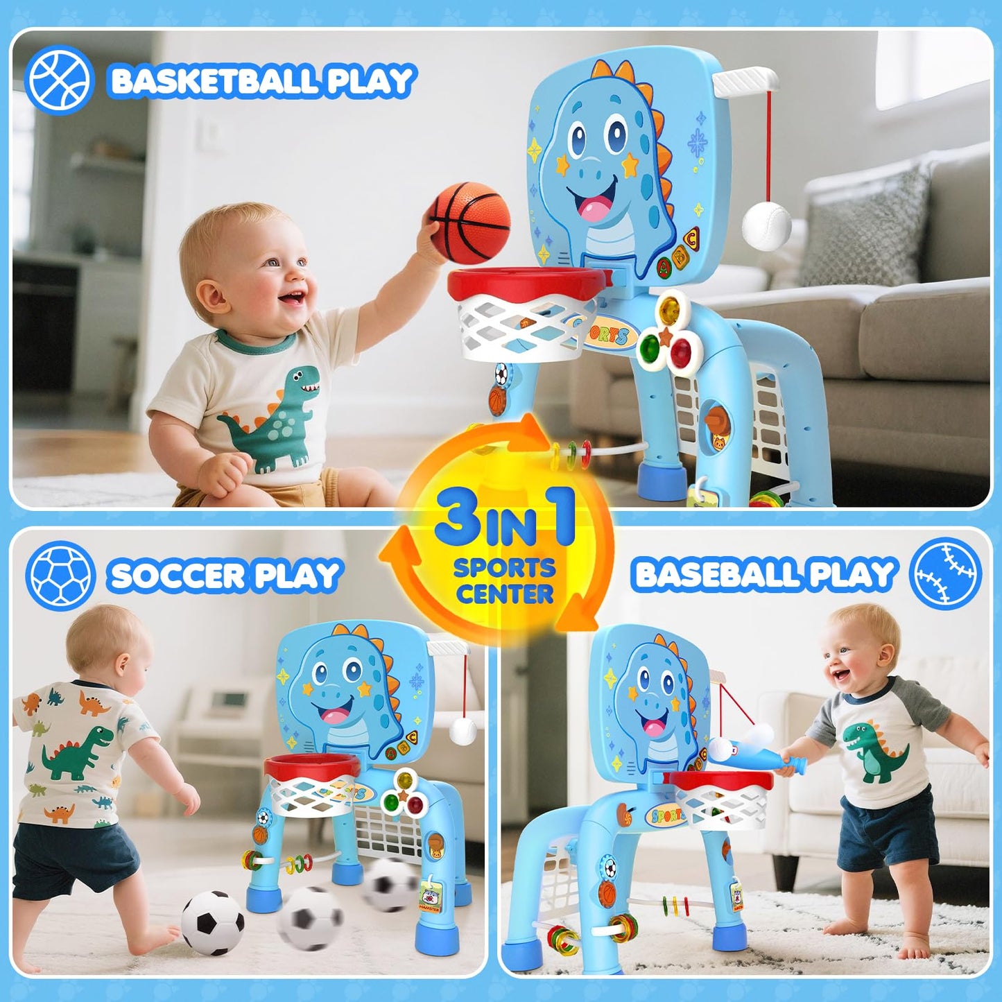 DADAPALS 3-in-1 Toddler Sports Center – Basketball, Soccer & Baseball for 12-18 Months (Baby Blue Dinosaur)