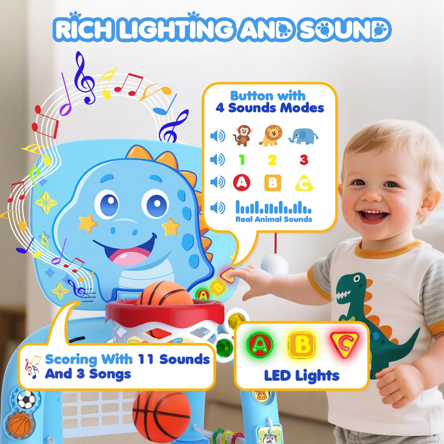 DADAPALS 3-in-1 Toddler Sports Center – Basketball, Soccer & Baseball for 12-18 Months (Baby Blue Dinosaur)