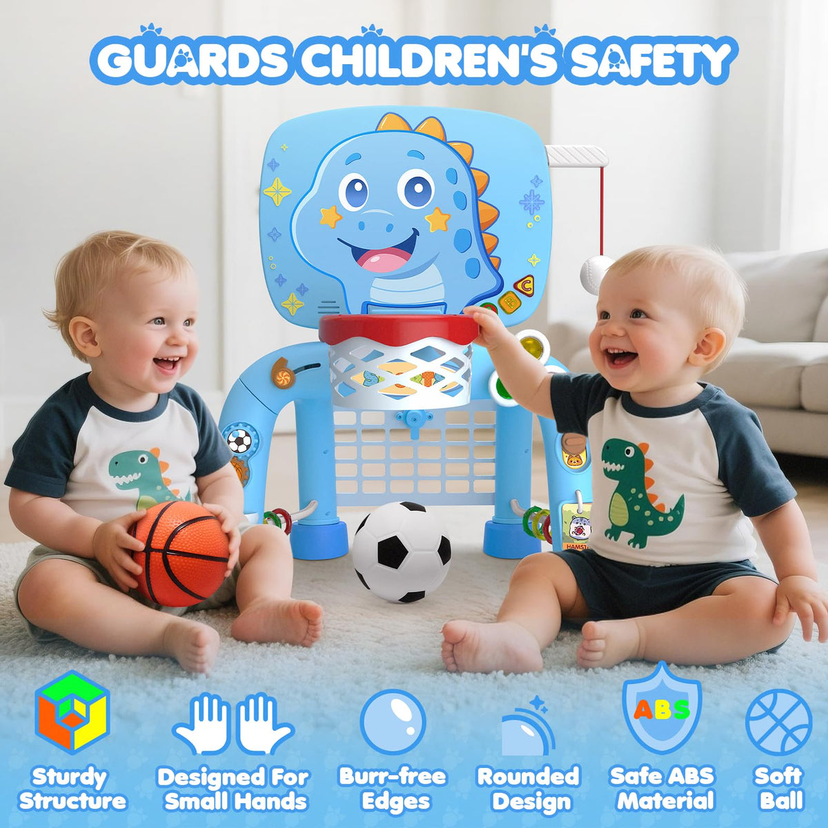 DADAPALS 3-in-1 Toddler Sports Center – Basketball, Soccer & Baseball for 12-18 Months (Baby Blue Dinosaur)