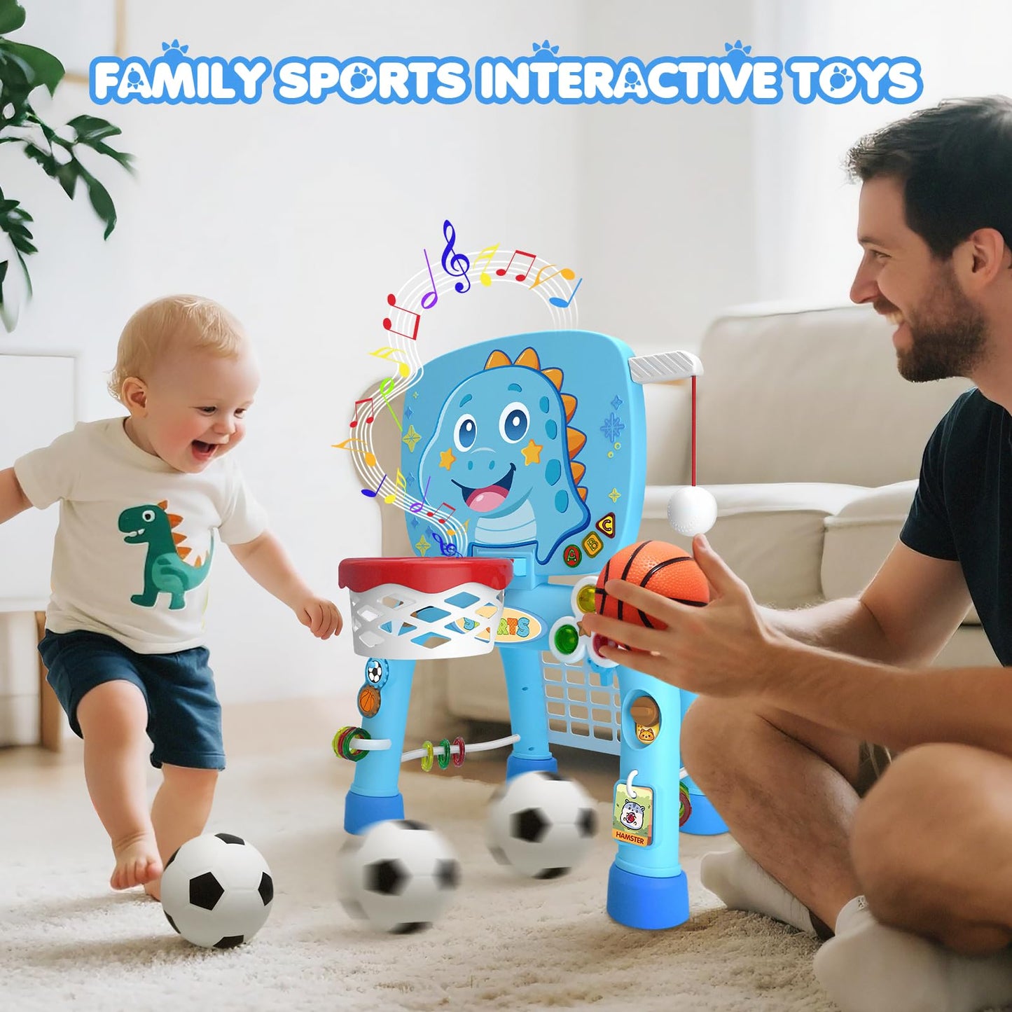 DADAPALS 3-in-1 Toddler Sports Center – Basketball, Soccer & Baseball for 12-18 Months (Baby Blue Dinosaur)