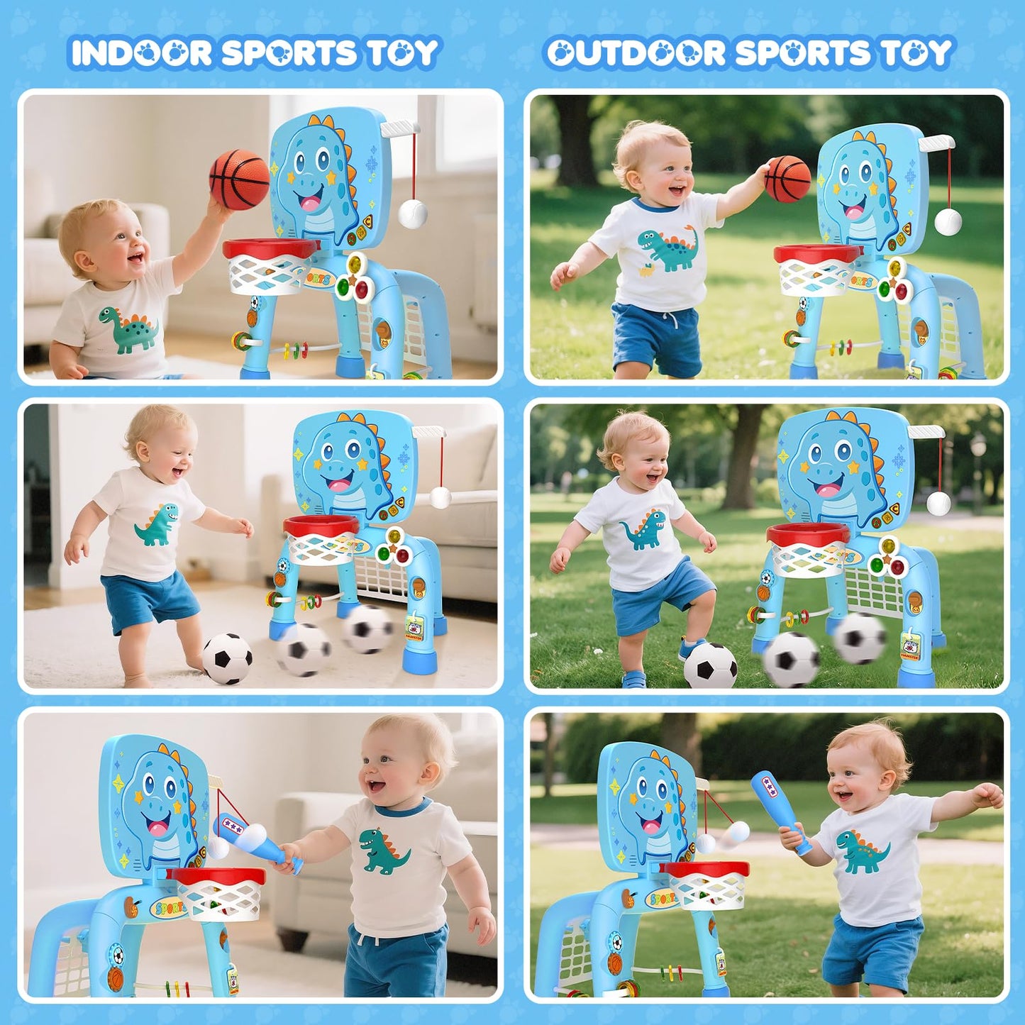 DADAPALS 3-in-1 Toddler Sports Center – Basketball, Soccer & Baseball for 12-18 Months (Baby Blue Dinosaur)