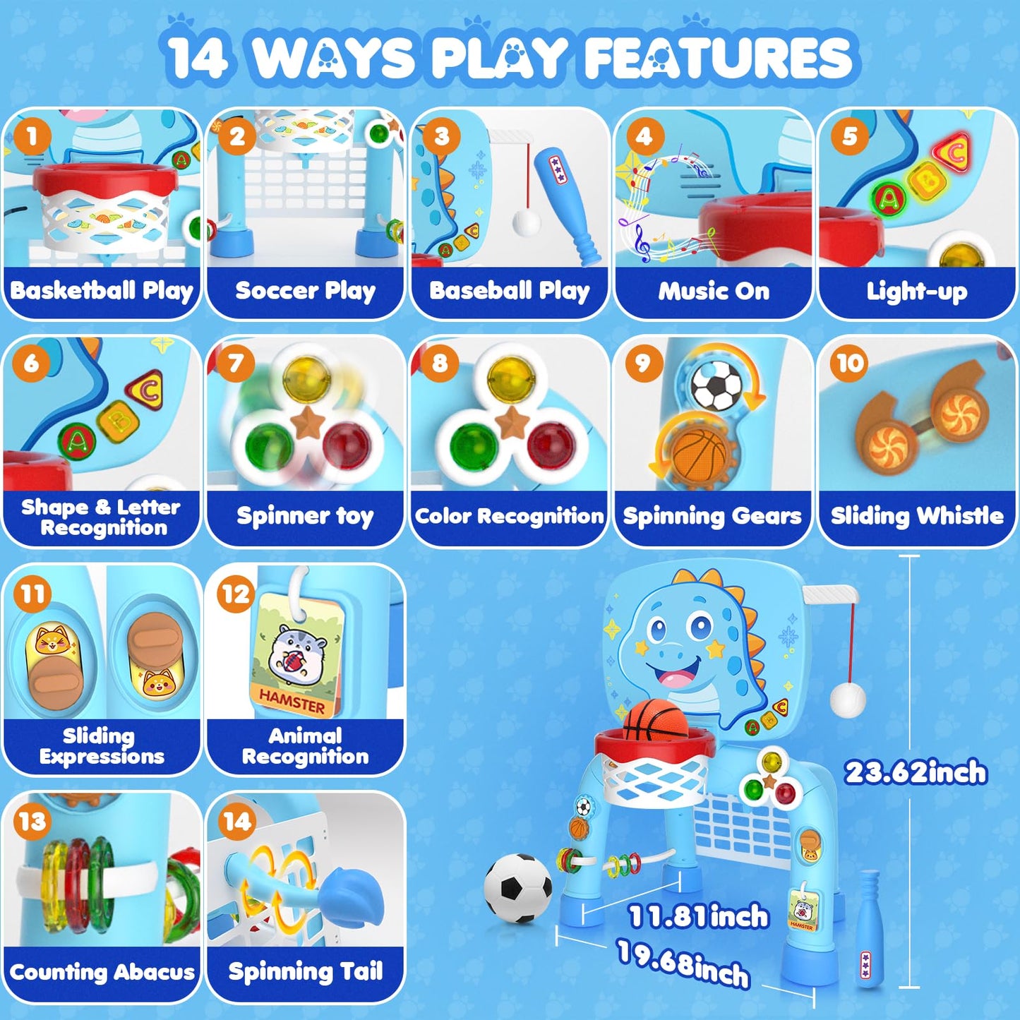 DADAPALS 3-in-1 Toddler Sports Center – Basketball, Soccer & Baseball for 12-18 Months (Baby Blue Dinosaur)
