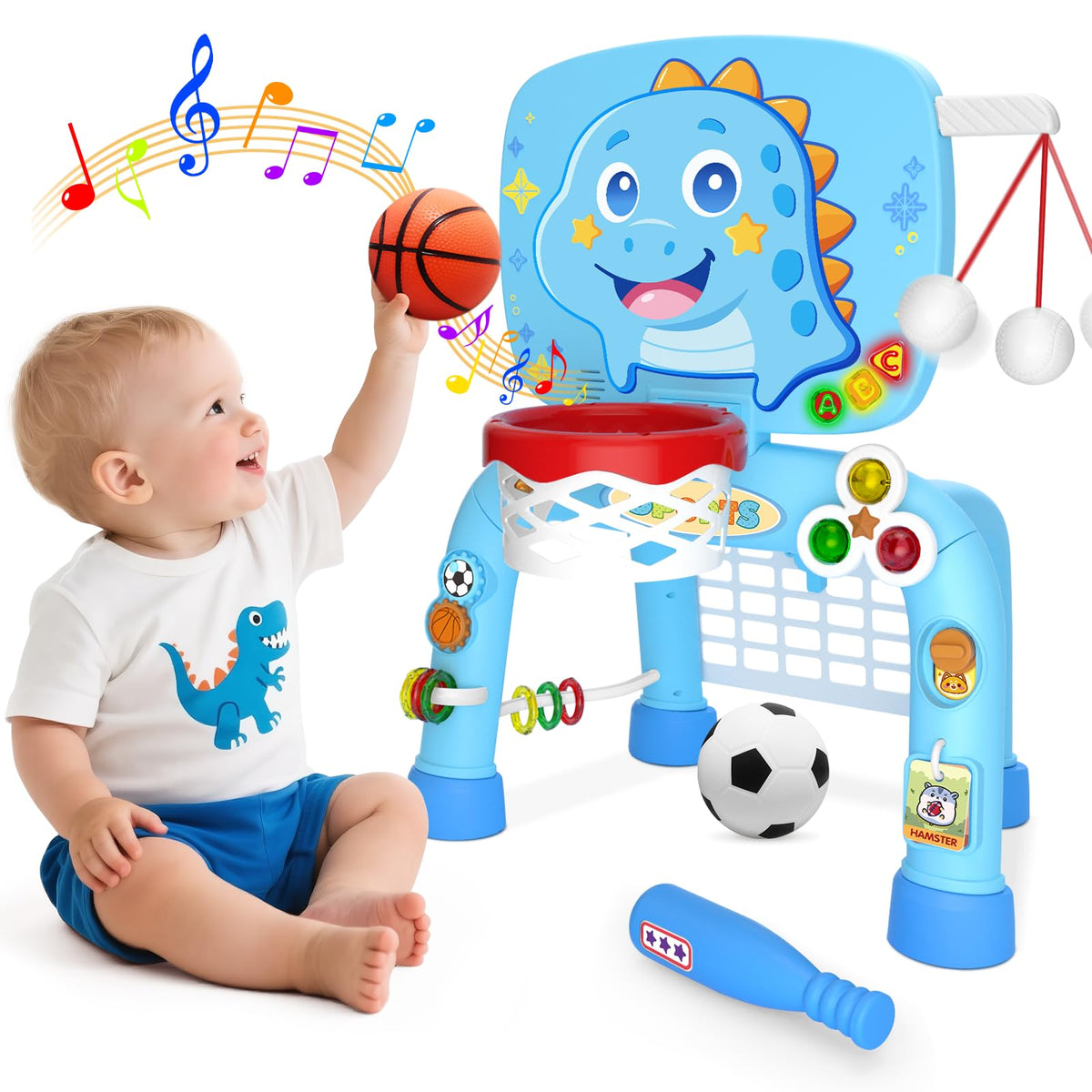 DADAPALS 3-in-1 Toddler Sports Center – Basketball, Soccer & Baseball for 12-18 Months (Baby Blue Dinosaur)