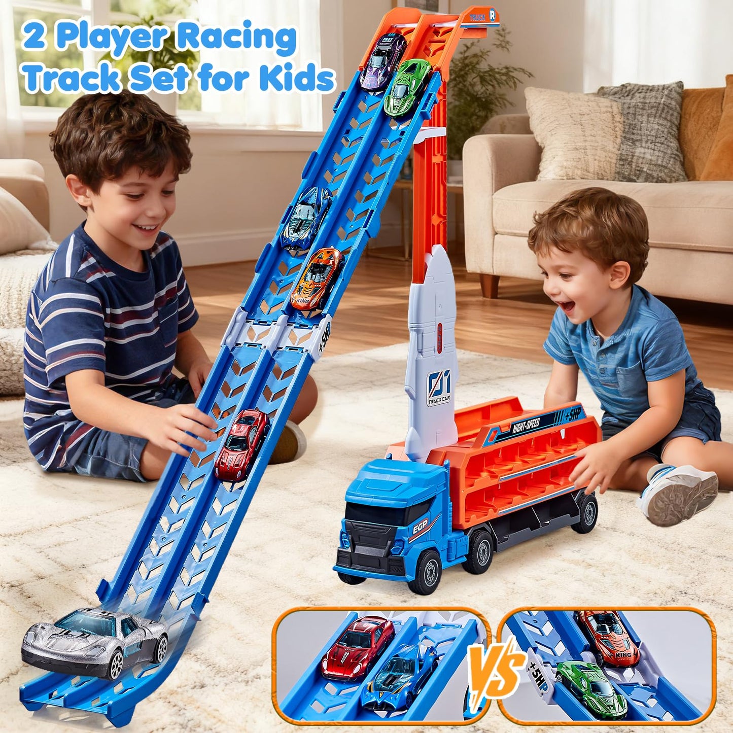 DADAPALS Race Track Truck Toys – 4-in-1 Transport Truck with 6 Die-Cast Cars (Blue)