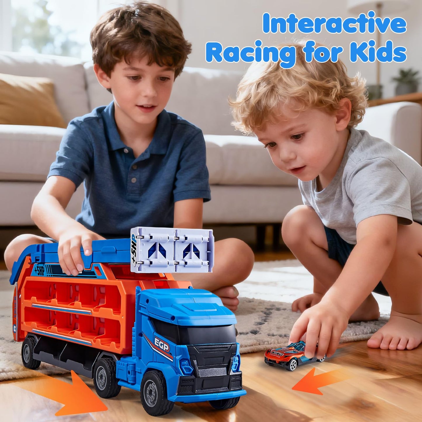 DADAPALS Race Track Truck Toys – 4-in-1 Transport Truck with 6 Die-Cast Cars (Blue)