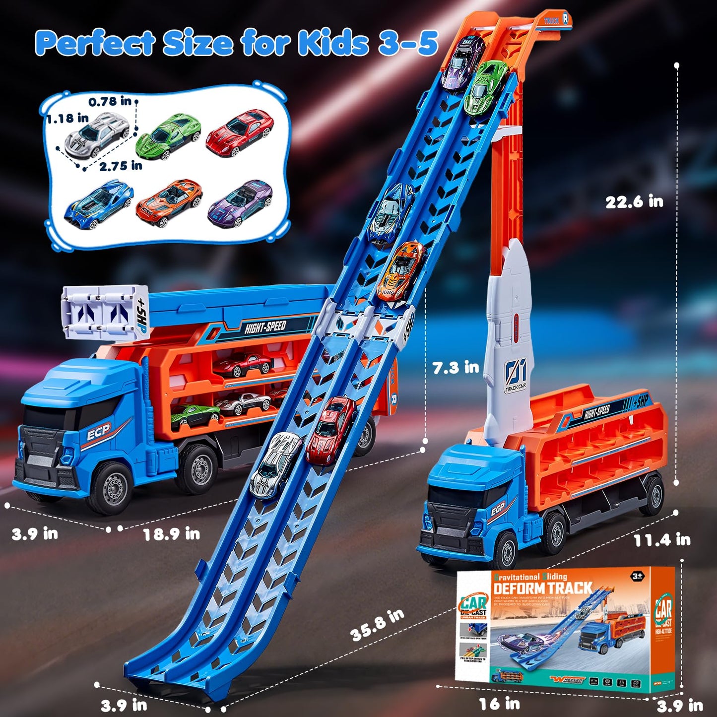 DADAPALS Race Track Truck Toys – 4-in-1 Transport Truck with 6 Die-Cast Cars (Blue)