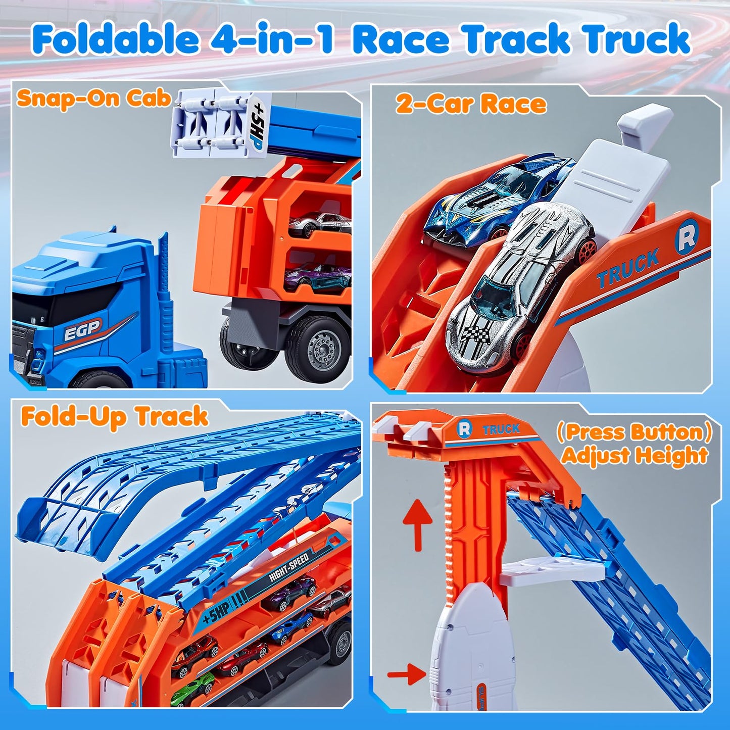 DADAPALS Race Track Truck Toys – 4-in-1 Transport Truck with 6 Die-Cast Cars (Blue)