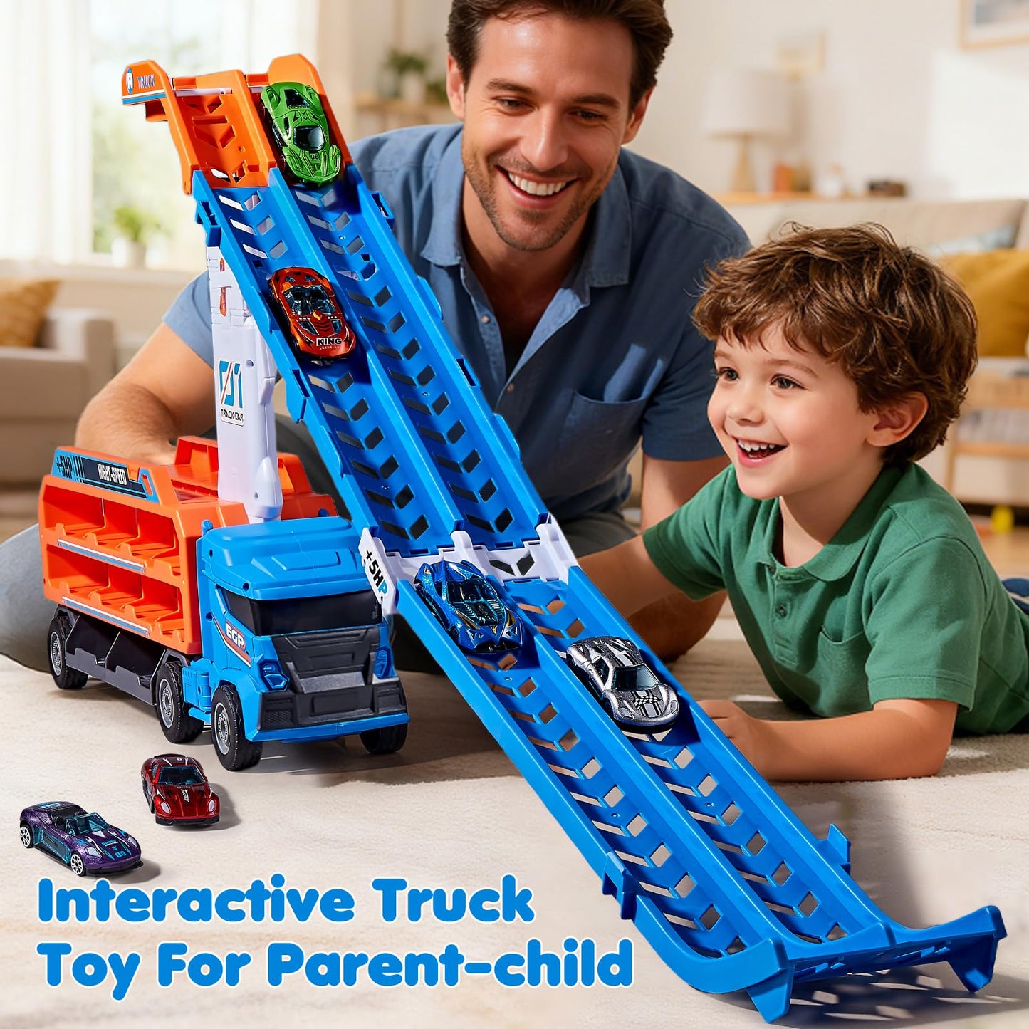 DADAPALS Race Track Truck Toys – 4-in-1 Transport Truck with 6 Die-Cast Cars (Blue)