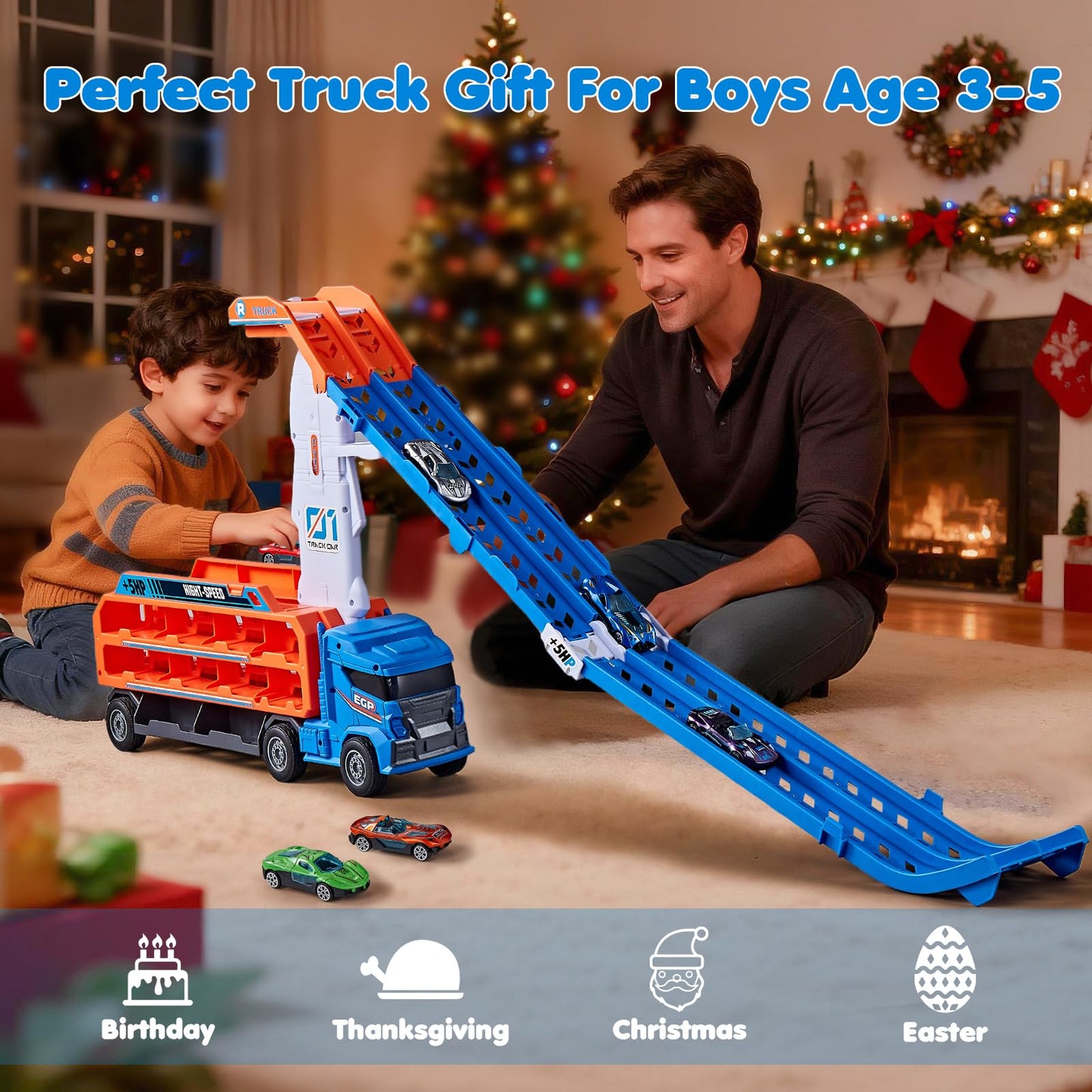 DADAPALS Race Track Truck Toys – 4-in-1 Transport Truck with 6 Die-Cast Cars (Blue)