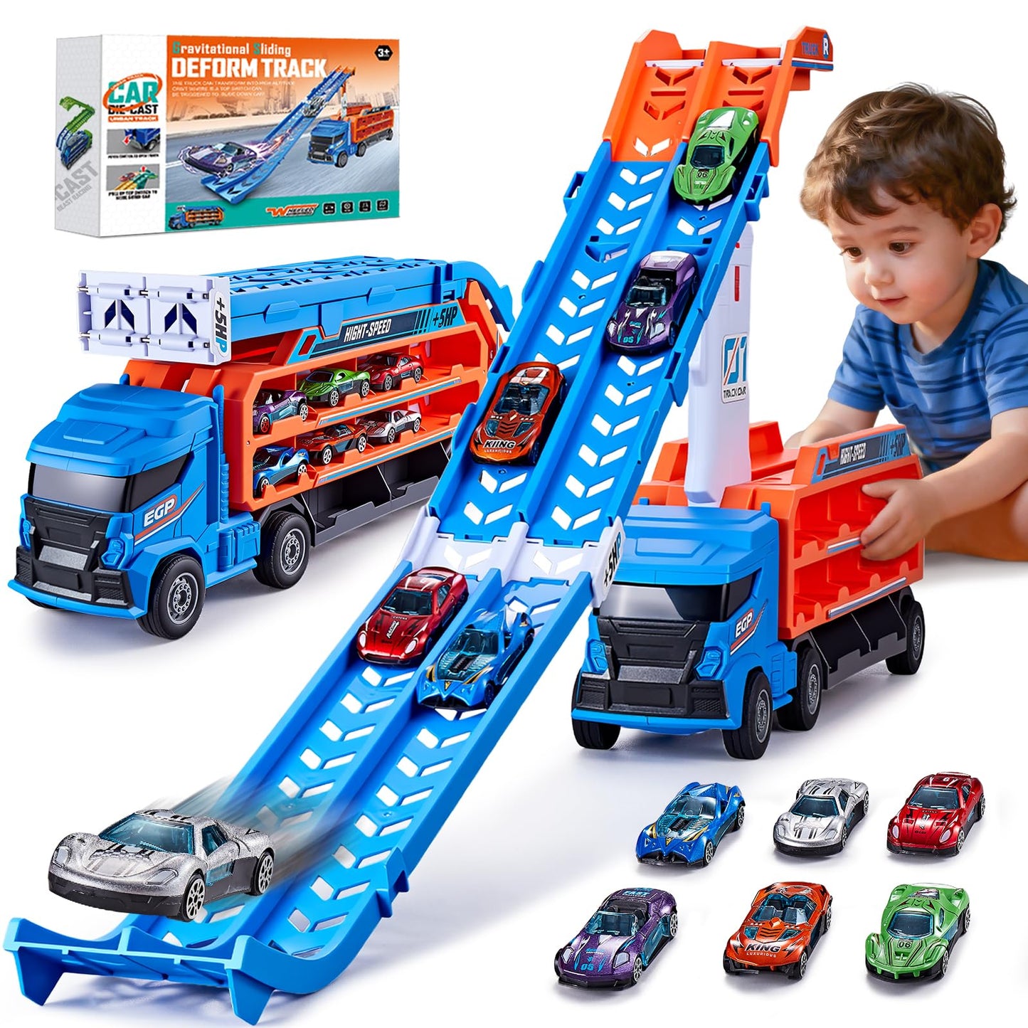 DADAPALS Race Track Truck Toys – 4-in-1 Transport Truck with 6 Die-Cast Cars (Blue)
